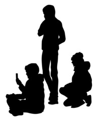 Wall Mural - Young people holds a camera in her hand. Isolated silhouettes of people on a white background