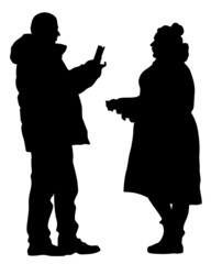 Wall Mural - Young people holds a camera in her hand. Isolated silhouettes of people on a white background