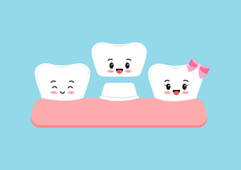 Sticker - Cute tooth with crown in gum dental vector emoji character isolated. Kids teeth aestetic prosthesis treatment icon. Flat design kawaii cartoon style vector dental health clip art illustration.