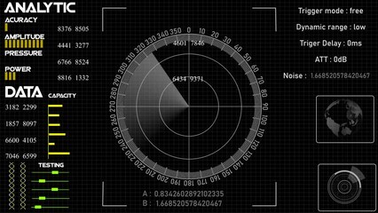 Poster - Radar HUD Screen Animation 4K. Motion graphic of colorful sonar radar screen searching an object with line digital technology background, Futuristic animation concept seamless loop video	