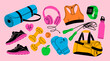© Dariia - Various Sport equipment. Fitness inventory, gym accessories. Dumbbells, fitness tracker, headphones, bottle, jump rope, shoes, mat, boxing gloves. Healthy lifestyle concept. Hand drawn Vector set