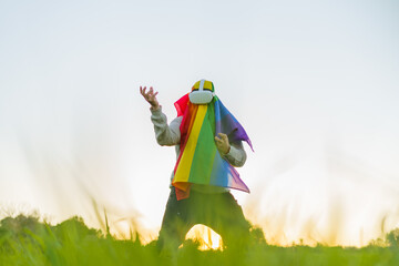 Person with the lgbt flag and virtual reality glasses doing kung fu in a meadow at sunset