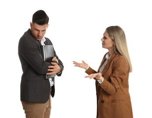 Poster - Business woman scolding employee for being late on white background