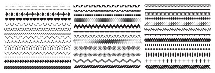 Geometric decorative line borders and divider designs. Vintage abstract frame wavy patterns, zigzags, rombs and circles. Illustration. Fashion ornament brushes vector set