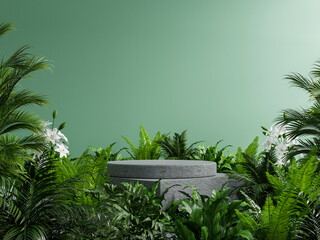 Wall Mural - Concrete podium in tropical forest for product presentation and green wall.