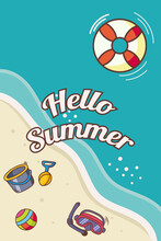 Summer Banner With Sea Background, Beach, With Sand Bucket Buoy And Spade Hand Draw Style
