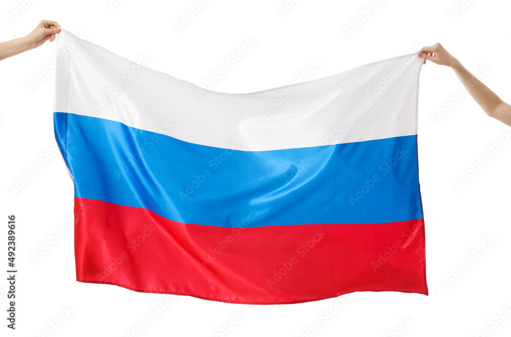Women holding Russian flag on white background, closeup