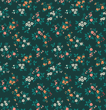 Vintage Floral Background. Floral Pattern With Small Colorful Flowers On A Dark Green Background. Seamless Pattern For Design And Fashion Prints. Ditsy Style. Stock Vector Illustration.