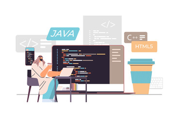 Wall Mural - arab web developer creating program code on laptop screen development of software and programming co