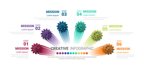 Gears cogwheels 6 steps for Infographic template, Engineering tech progress business concept.