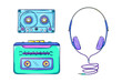 © ADELART - Personal cassette player illustration. Retro portable cassette player with headphones and cassette. Music player. 90s style vector. 1990s technology. Nostalgia for the 90s.