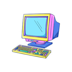 Computer illustration. Retro home computer. Personal computer with keyboard. 90s style vector. 1990s trendy illustration. Nostalgia for the 90s.