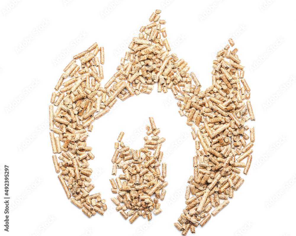 Flame made of wood pellets on white background
