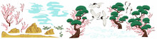 Set Of Chinese Painting Elements, Vector Pine Trees And Plum Blossom, Bamboo Bushes, Clouds And Cranes
