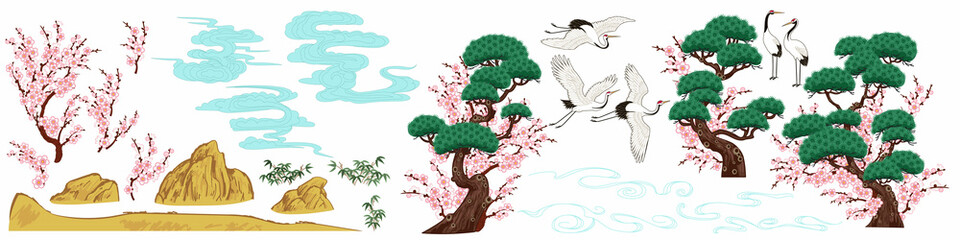 Wall Mural - Set of Chinese painting elements, vector pine trees and plum blossom, bamboo bushes, clouds and cranes