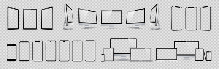 Poster - Set mockups of technology devices with empty display, device screen mockup collection, big realistic set mock up, computer, laptop, tablet, smartphone with shadow - vector