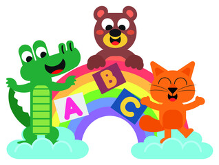 Wall Mural - Cute animals rainbows and letters