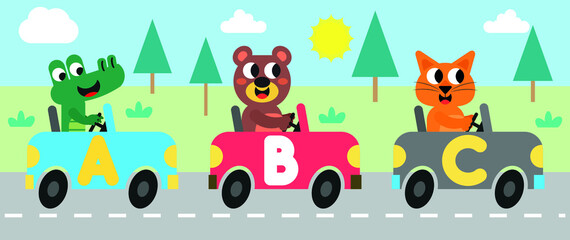 Wall Mural - Cute animals drive on the road in cars with letters written on them