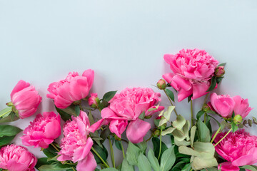 Wall Mural - Bouquet of beautiful pink peonies on delicate paper background. Minimal concept backdrop.