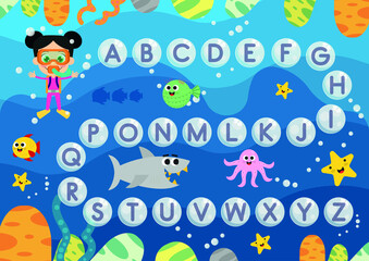 Wall Mural - Cute diver girl, English alphabet