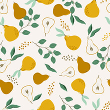 Floral And Pear Fruit Seamless Pattern Background, Vector Repeating Digital Paper For Fabric, Wallpaper, Stationery, Textile. 