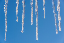 Long Icicles On A Blue Sky Background. Ice Floes Hang From The Roof.