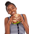 canvas print picture - This a darn good sandwich. Shot of a happy young african american girl holding a salad sandwich isolated on white.