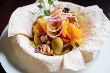 Vegetable salad in lavash. Restaurant menu design concept.