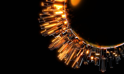 Wall Mural - Abstract neon glossy shapes around a black ball.  3D rendering illustration.