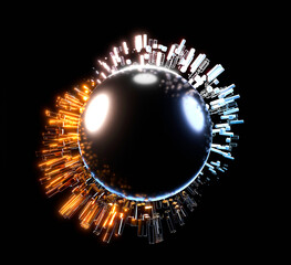 Wall Mural - Abstract neon glossy shapes around a black ball.  3D rendering illustration.