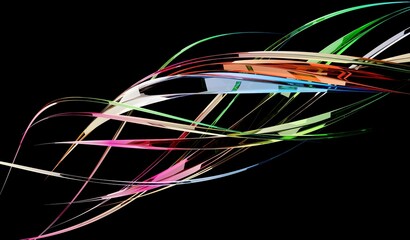 Wall Mural - Abstract twisting glossy shapes at black background, 3D rendering illustration.
