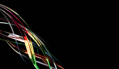 Wall Mural - Abstract twisting glossy shapes at black background, 3D rendering illustration.