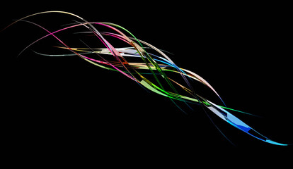 Wall Mural - Abstract twisting glossy shapes at black background, 3D rendering illustration.