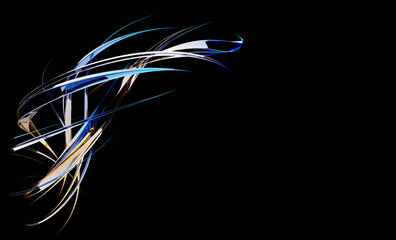 Wall Mural - Abstract twisting glossy shapes at black background, 3D rendering illustration.