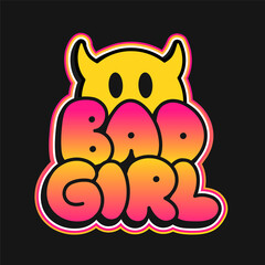 Wall Mural - Emoji with devil horns print for t-shirt concept. Bad girl quote. Vector hand drawn doodle line cartoon illustration. Bad girl,demon,devil horn print for t-shirt, poster,sticker,cover,badge concept