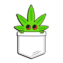 Cute Funny Weed Leaf In Pocket T-shirt Print.Vector Cartoon Doodle Line Style Character Logo Illustration Design.Isolated On White Background. Cannabis Leaf Print For Pocket T-shirt,clothing Concept