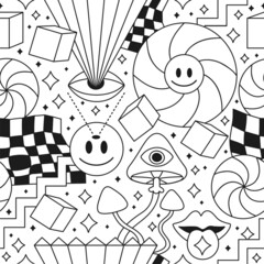 Trippy psychedelic geometry coloring page seamless pattern.Vector crazy cartoon character illustration.Smile groovy faces,acid,trippy,cells seamless pattern wallpaper,coloring book print concept