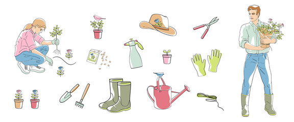 Man and woman work in the garden and set elements -gloves, garden tools, watering can, pots, plants. Linear vector illustration with colour shapes.