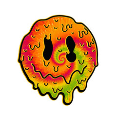 Funny tie dye psychedelic surreal melt smile face.Vector tiedye cartoon character illustration logo.Smile yellow groovy face tie dye melt,acid,techno,trippy print for t-shirt,poster,card concept