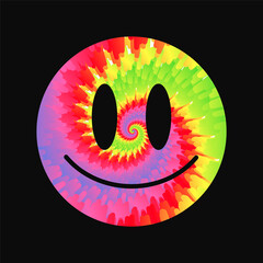 Funny happy tie dye psychedelic surreal smile face.Vector tiedye cartoon character illustration logo.Smile yellow groovy face tie dye ,acid,techno,trippy print for t-shirt,poster,card,logo concept