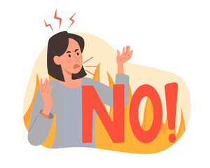 Furious woman concept. Girl in fire says no, anger and negative emotions, aggressive character. Hard day and annoyance. Lady tired at work, person screaming. Cartoon flat vector illustration