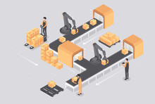 Automated Lines Concept. Workers Create Goods And Pack Them Into Boxes, Automation, Division Of Labor And Modern Factories. Conveyor, Logistics And Sorting Products. Isometric Vector Illustration