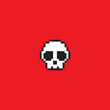 Vector Pixel Illustration. White Skull on Red Background. 8 bit skull icon. Pirate. Skeleton. Toxic. Death. Bone. Horror. Emblem. Warning. Caution. Danger. Crossbones. Poison. Sign. Symbol.