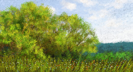 Digital oil paintings landscape, fine art, the forest, grass on a day