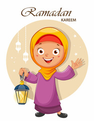 Wall Mural - Ramadan Kareem. Cartoon Muslim girl