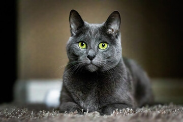 Adorable Russian Blue purebreed cat laying on carpet