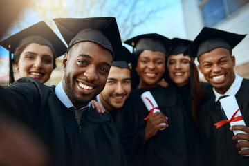 Poster - We studied together now were graduating together. Portrait of a group of students taking selfies on graduation day.