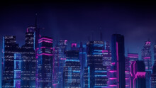 Sci-fi Metropolis With Blue And Pink Neon Lights. Night Scene With Futuristic Architecture.