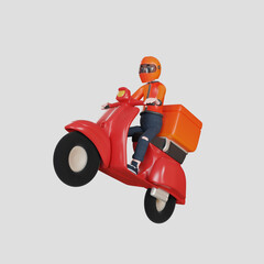 3d rendering delivery man character with scooter illustration object