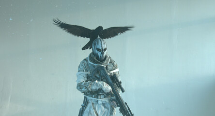 Wall Mural - fighter with a crossbow and a raven, Apocalypse,